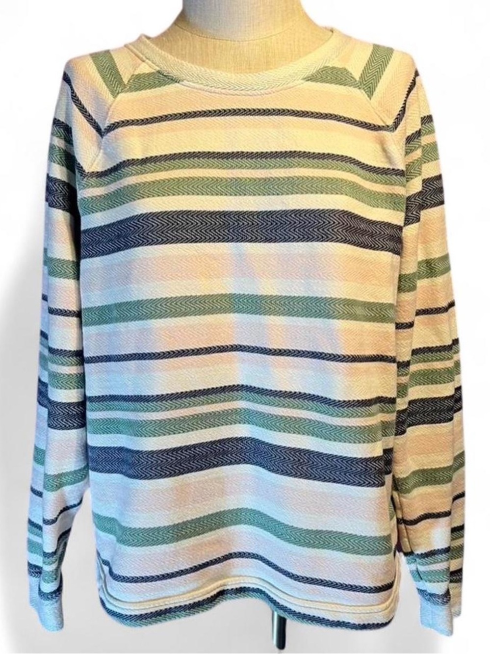 🤍Orvis Striped Crewneck Cotton Long Sleeve Top in Cream, Green & Navy